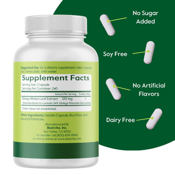 Bestvite Ginkgo Biloba label highlights gluten-free, non-GMO formula