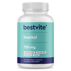 BESTVITE Inositol 750 mg bottle close-up showing vegan, gluten-free capsules.