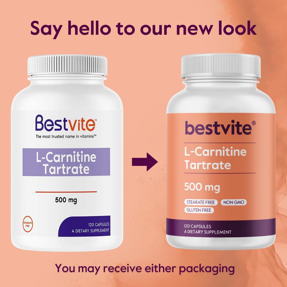 Bestvite L-Carnitine Tartrate label close-up showing pure, stearate-free formula.