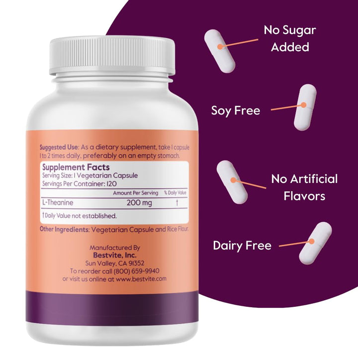 Bestvite L-Theanine label and packaging emphasize vegan, gluten-free formula.