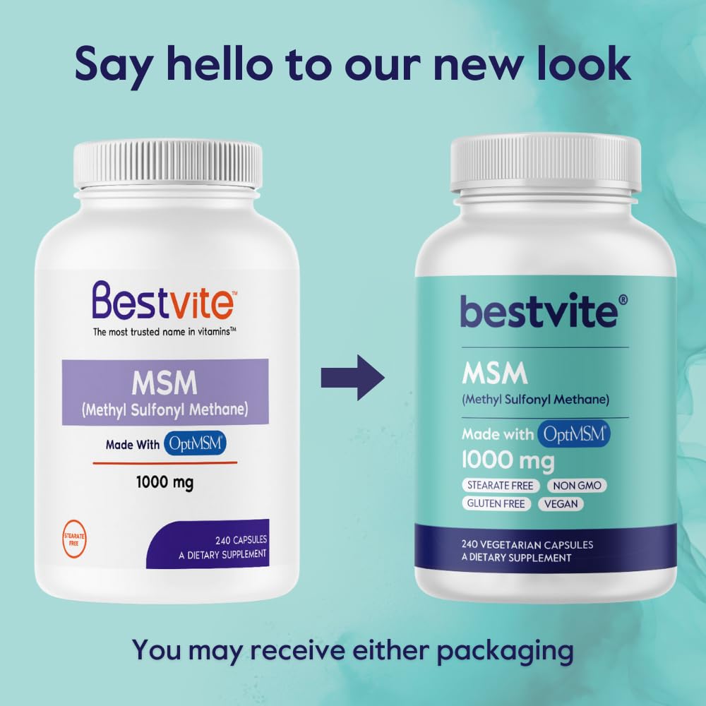 Bestvite MSM label close-up shows clean vegan gluten-free formula