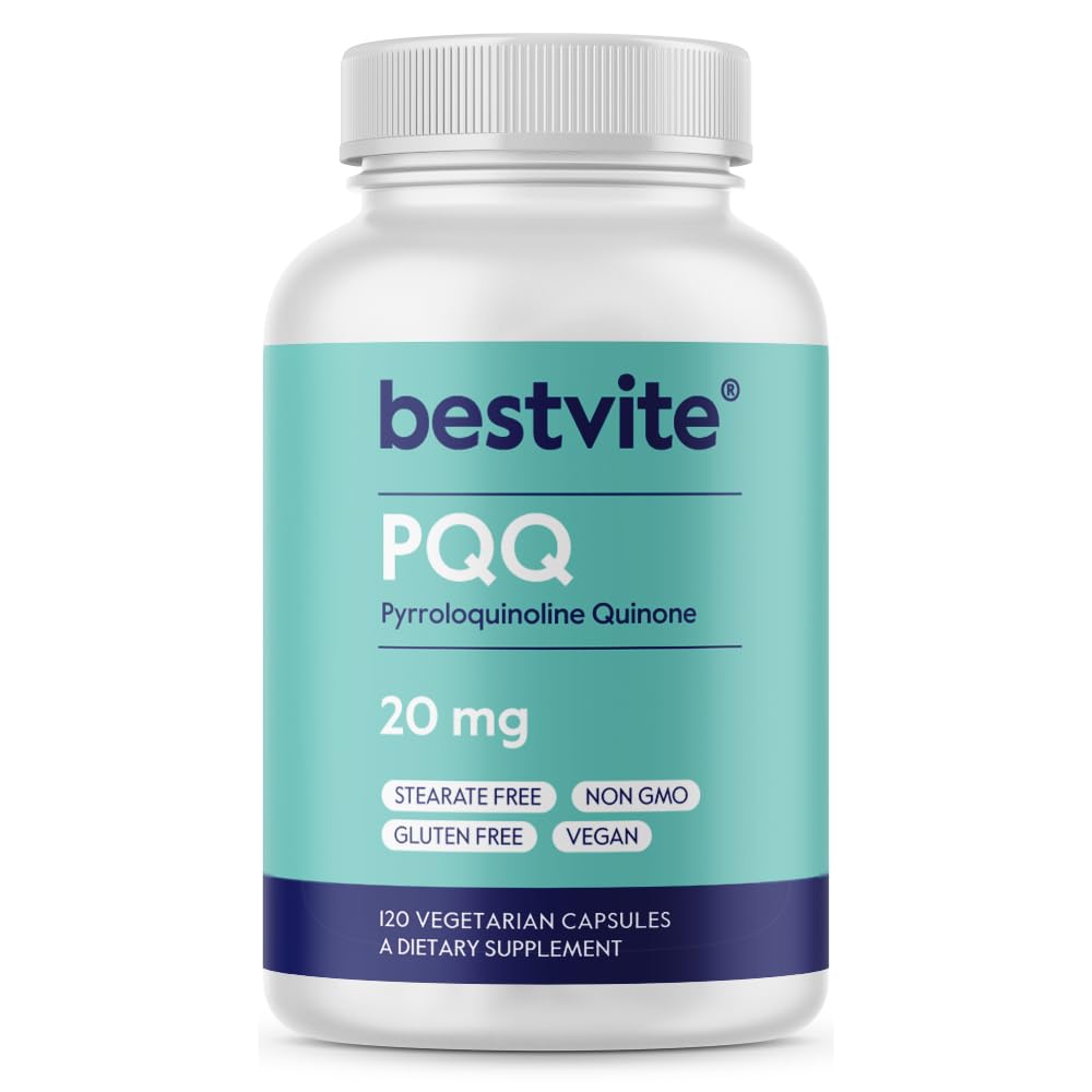 BESTVITE PQQ 20mg bottle front view showing vegan, gluten-free formula.