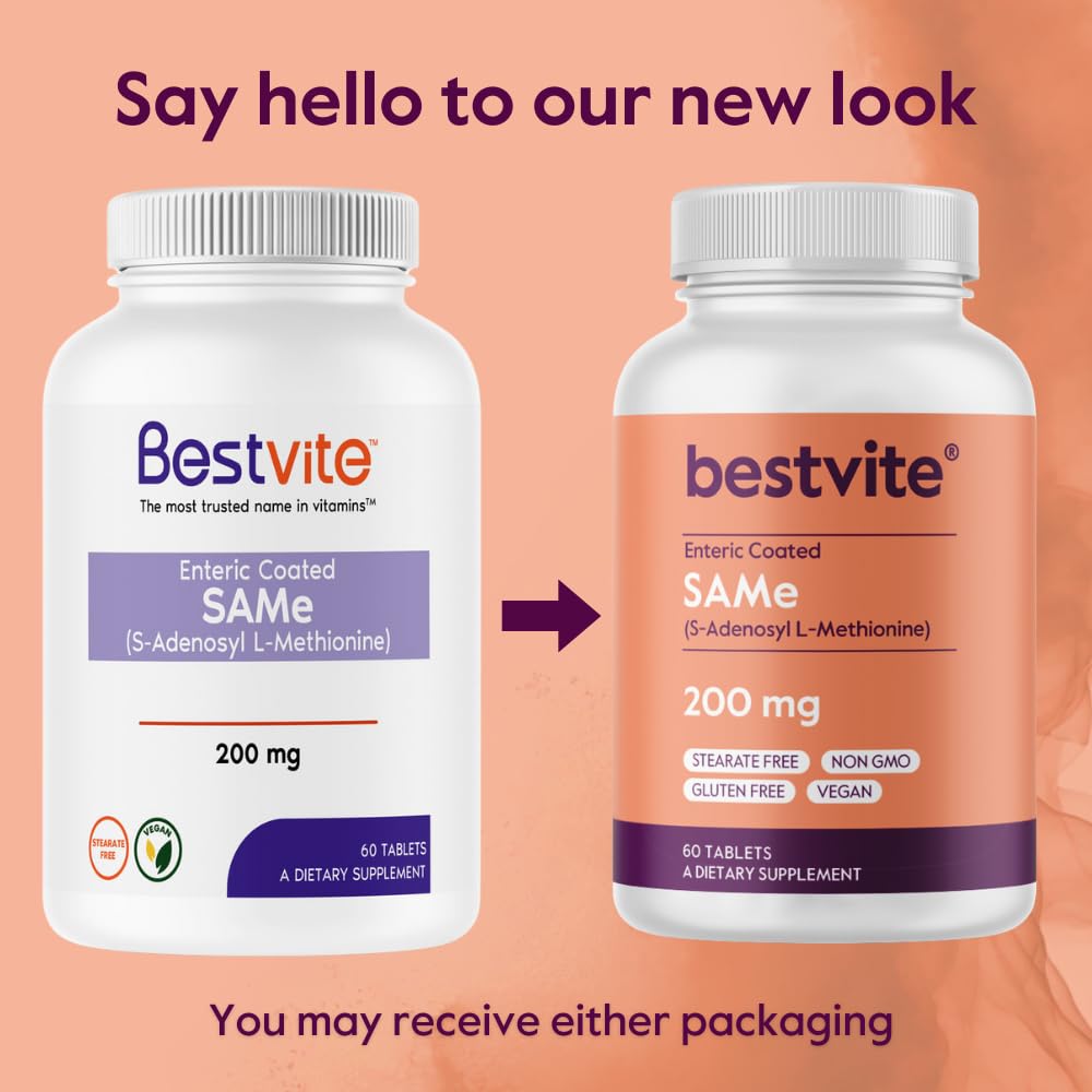BESTVITE SAM-e 200mg tablet closeup shows enteric-coating for stability