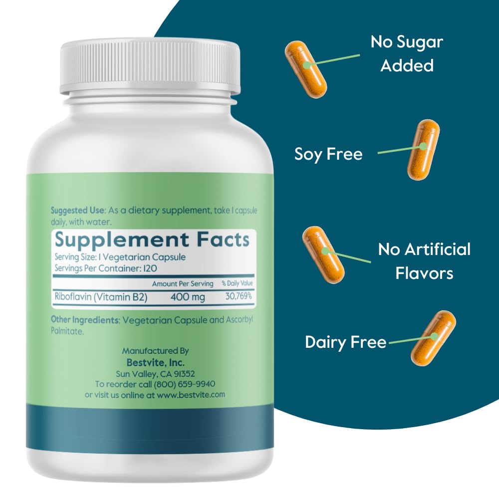 Bestvite Vitamin B-2 label info demonstrates 400 mg riboflavin per serving