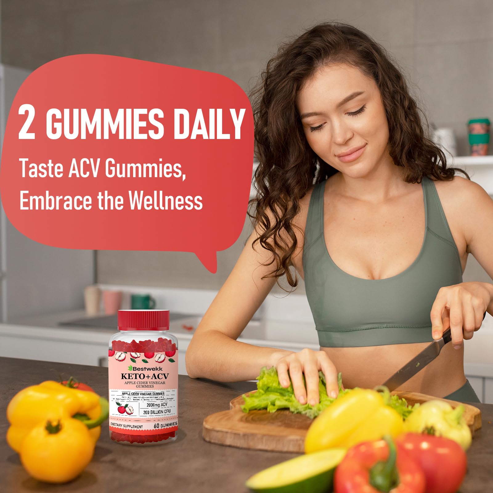 Bestwekk ACV Gummies texture close-up shows chewy, gelatin-free gummies.