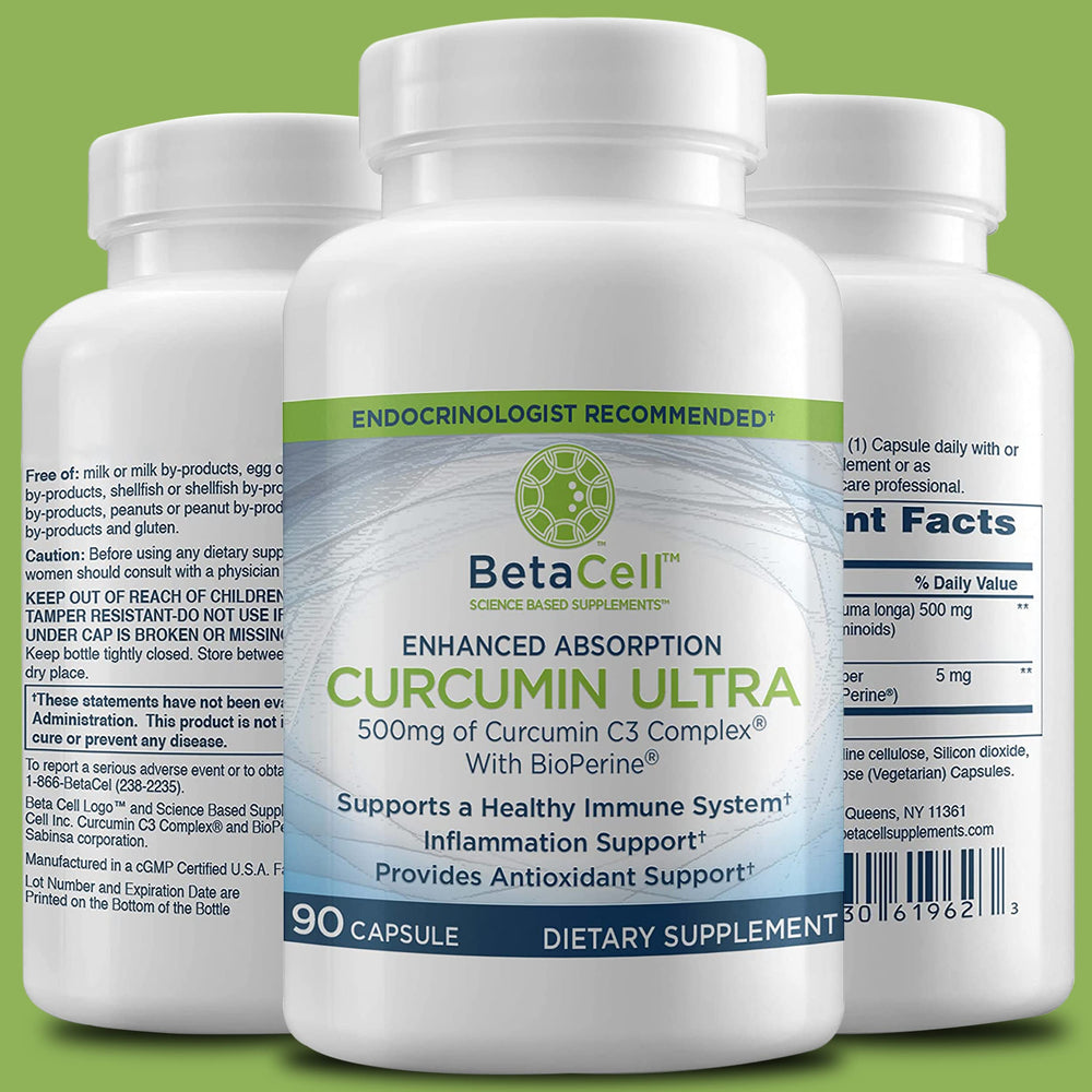 BETACELL Turmeric Curcumin capsules in focus, ready for daily use.