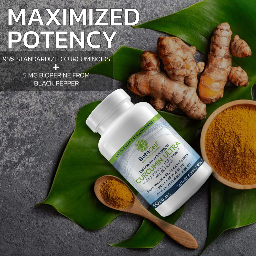 BETACELL Turmeric Curcumin ingredient panel featuring 500 mg curcumin and Bioperine.