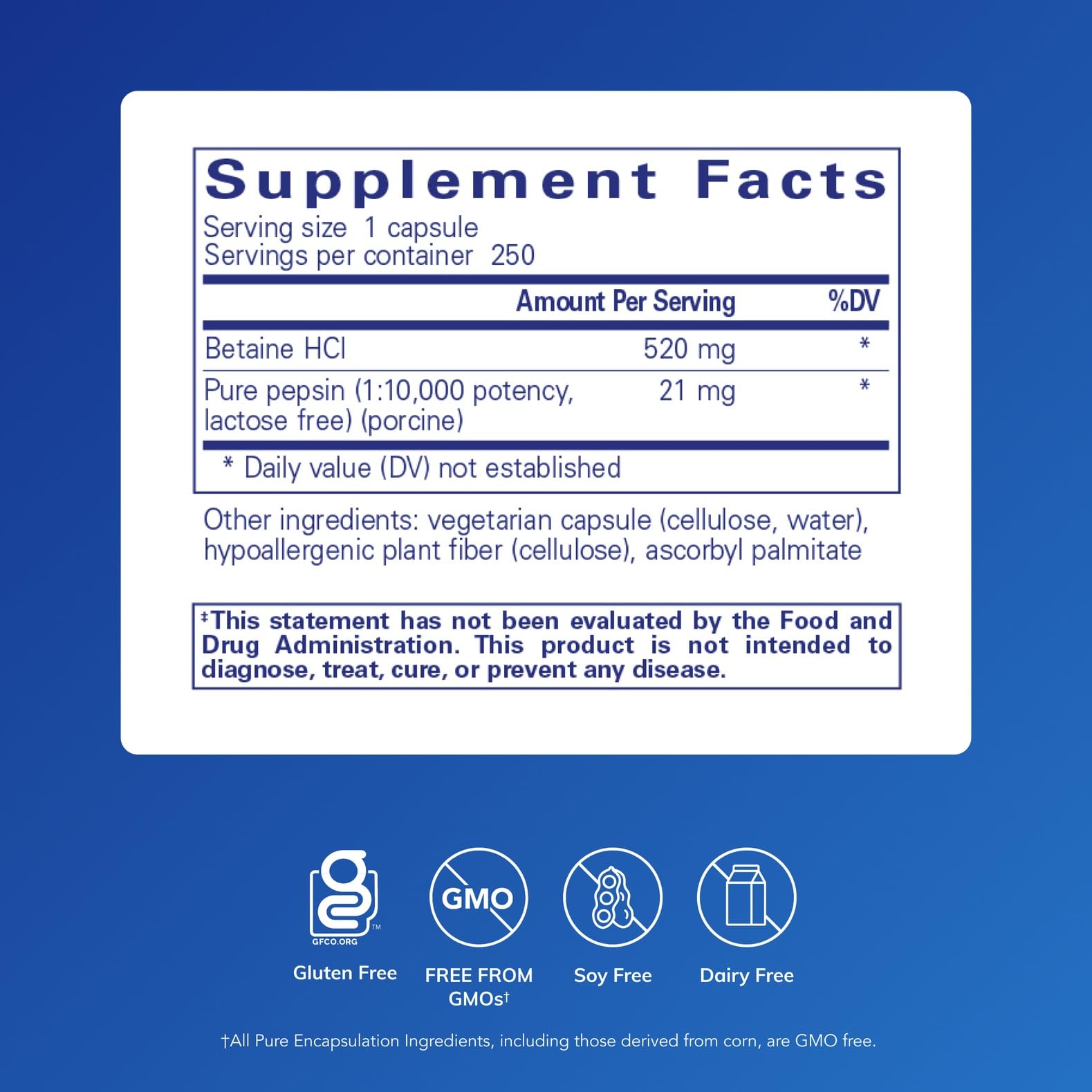 Closeup of Betaine HCl Pepsin digestive capsules for meal-time digestion.