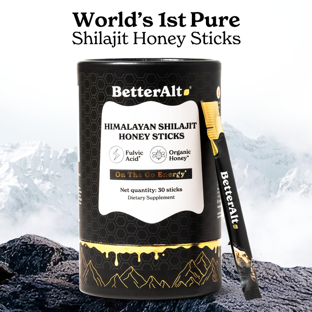 Better Alt shilajit sticks closeup, Himalayan resin with honey for daily energy.
