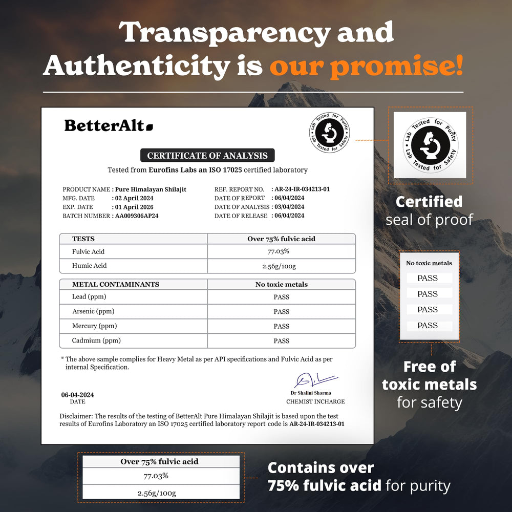 Better Alt Shilajit resin packaging label showcases purity and lab-tested transparency