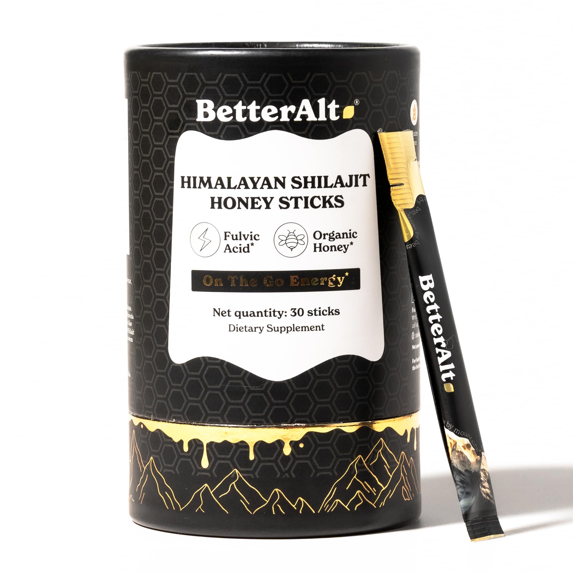 Better Alt shilajit sticks with honey pack, energy support for an active day.