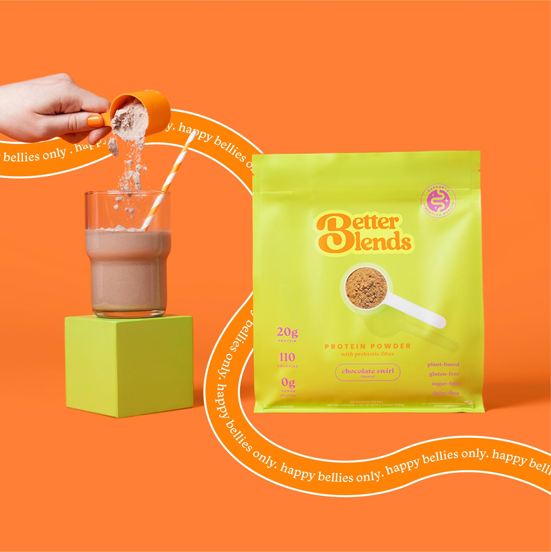 Better Blends plant-based protein bottle close-up emphasizes vegan source.