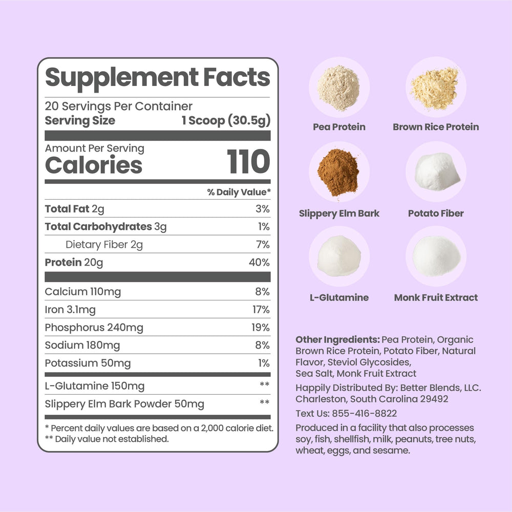 Better Blends plant-based protein scoop on clean, ingredient-forward label.