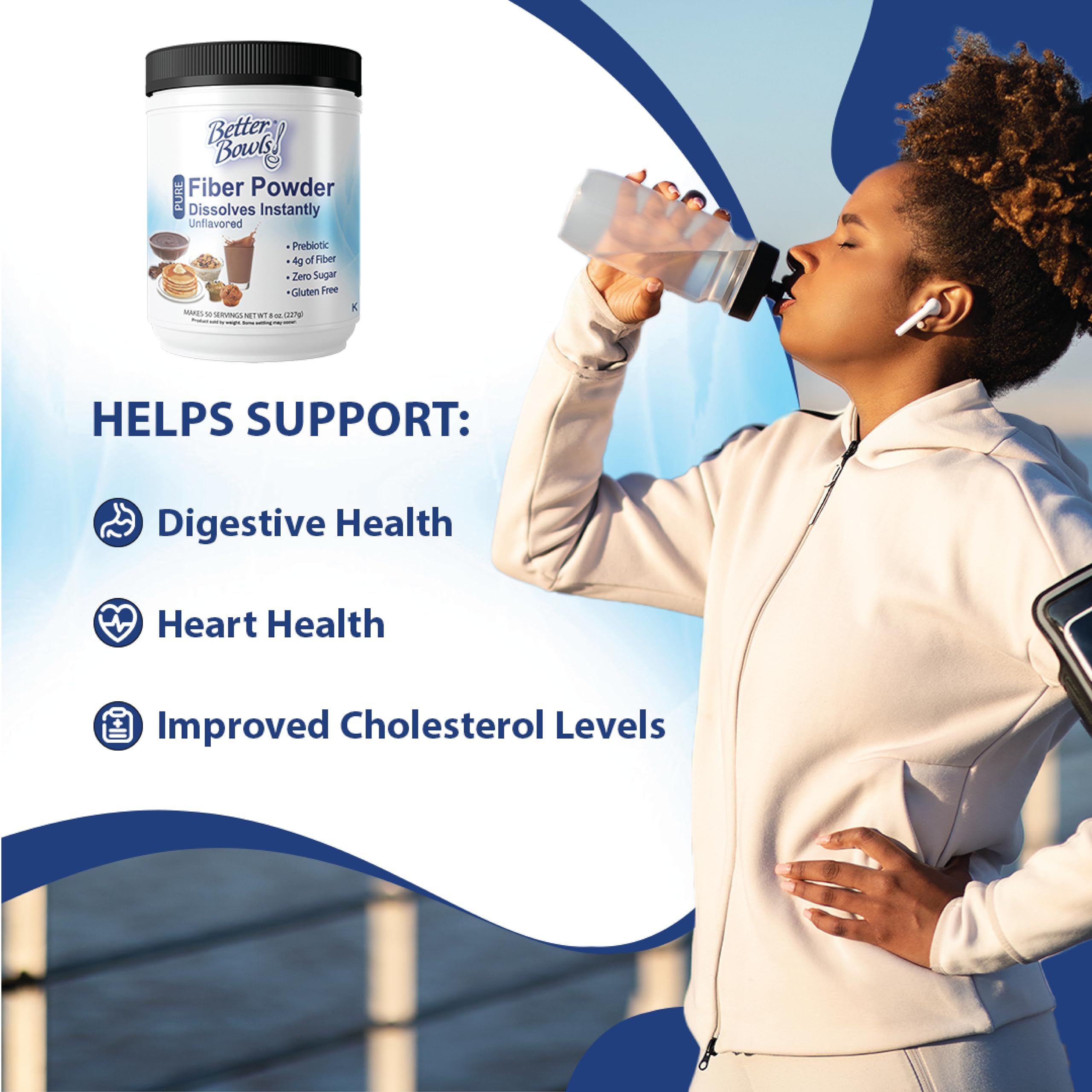 Better Bowls Fiber Powder added to a fruit shake for a fiber-rich smoothie.