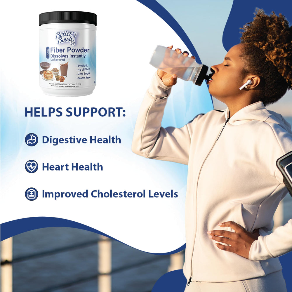 Better Bowls Fiber Powder added to a fruit shake for a fiber-rich smoothie.