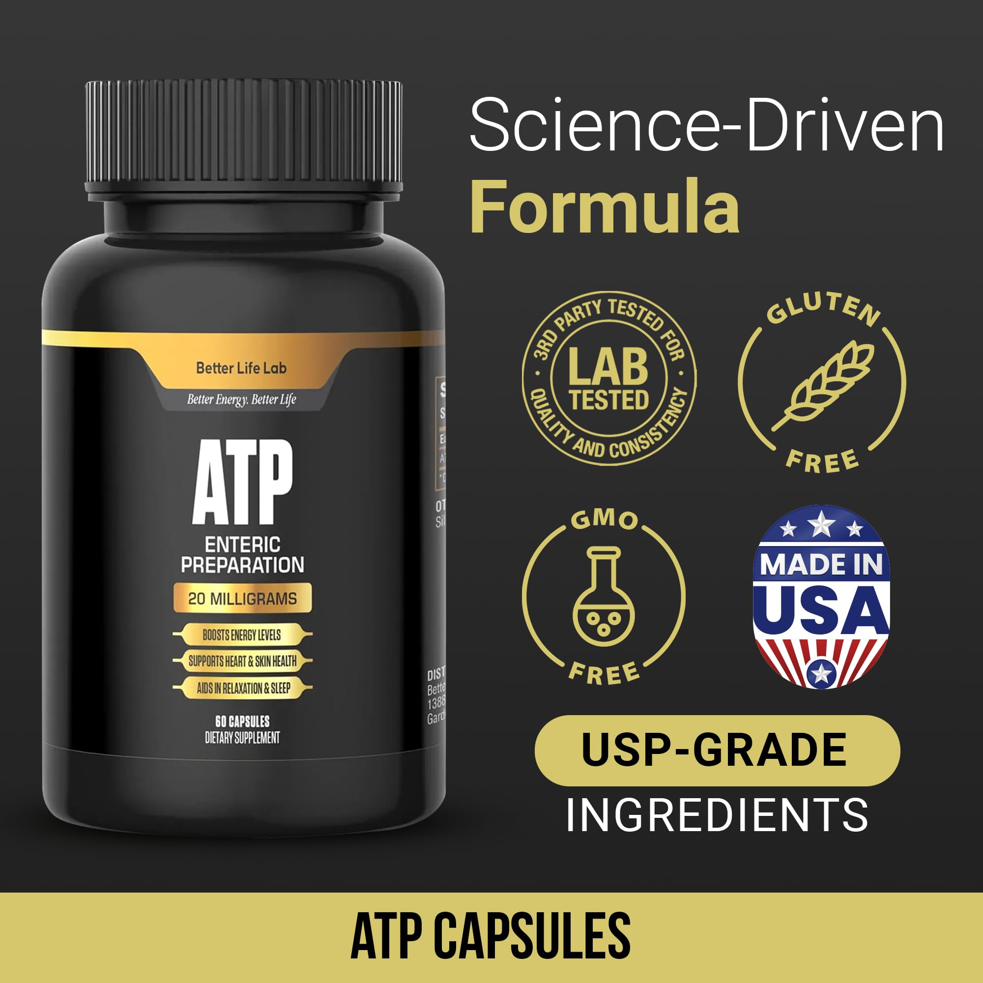 BETTER LIFE LAB ATP bottle label visible, trust in mitochondrial support.