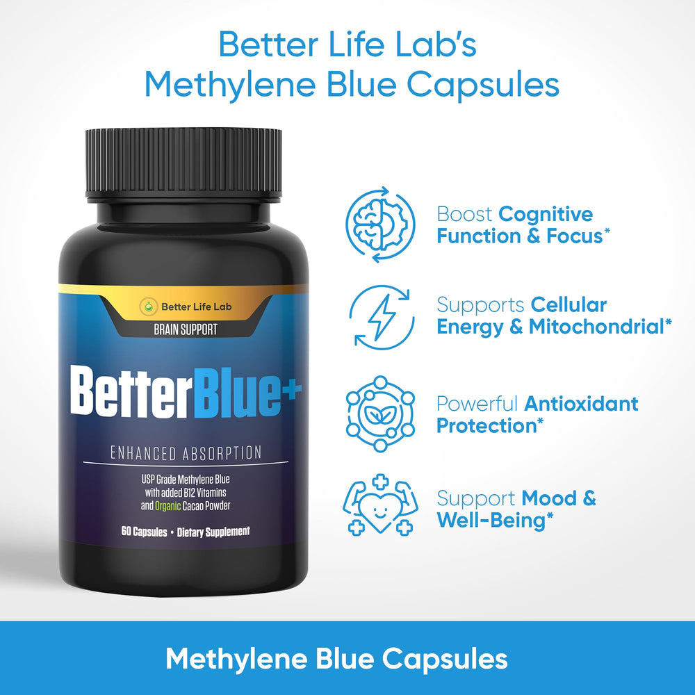 Closeup of BETTER LIFE LAB Methylene Blue capsules for easy daily use.