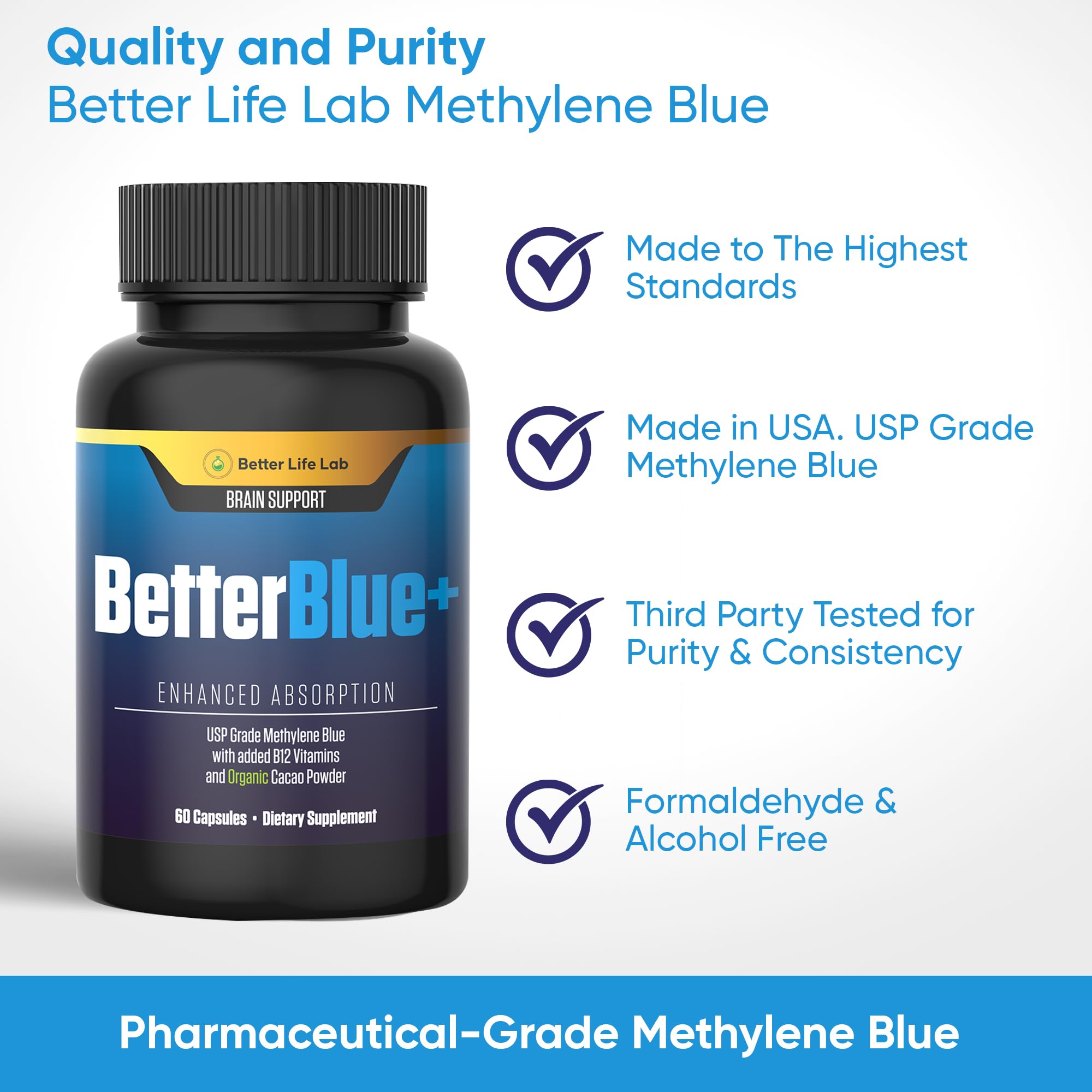 BETTER LIFE LAB Methylene Blue capsules held in hand for convenient use.