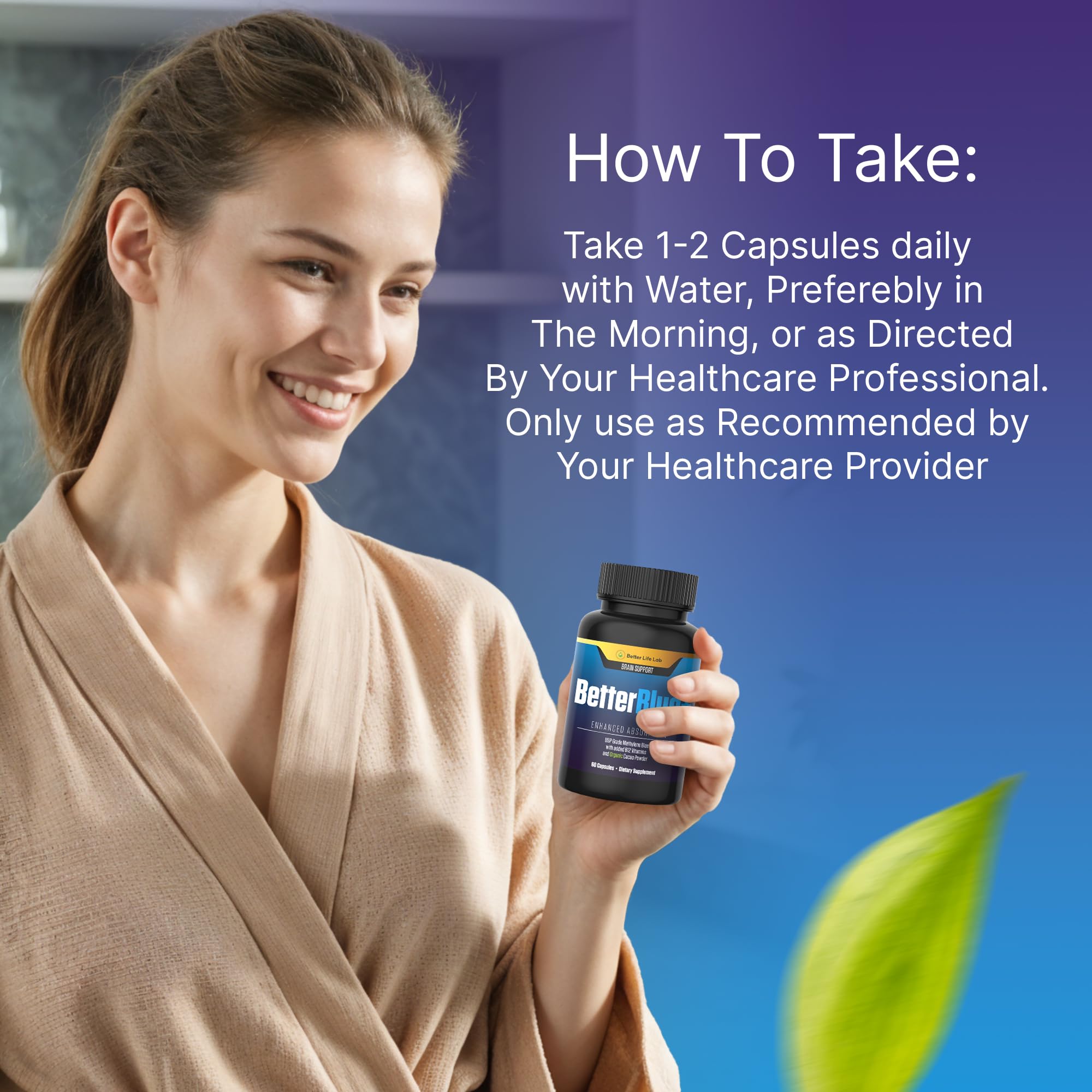USP-grade BETTER LIFE LAB Methylene Blue capsules illustrated on label.