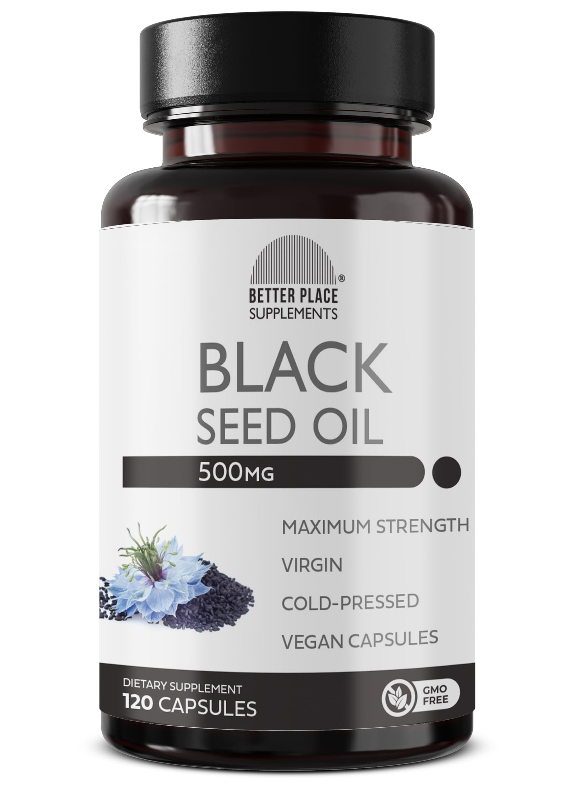 BETTER PLACE ORGANICS Black Seed Oil Capsules bottle front view for daily antioxidant support.