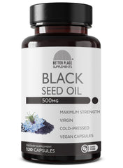 BETTER PLACE ORGANICS Black Seed Oil Capsules bottle front view for daily antioxidant support.