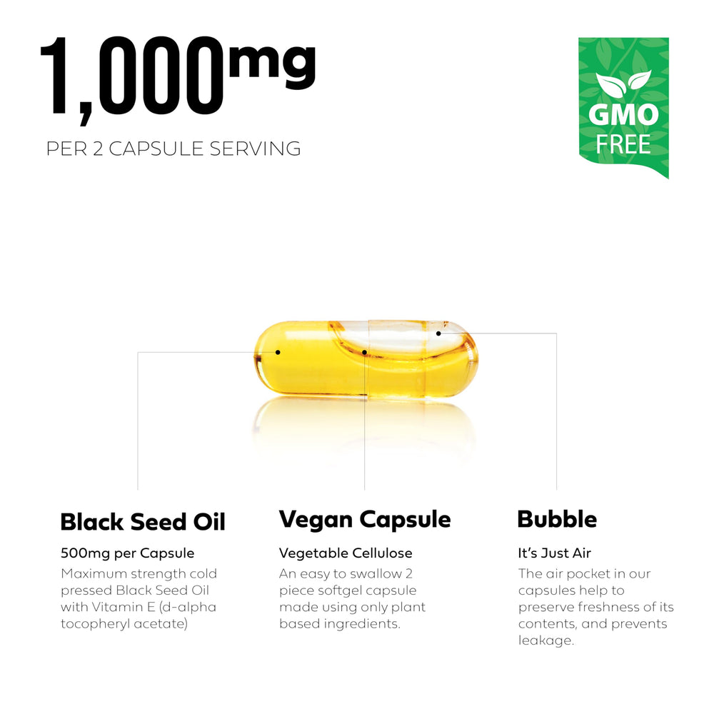 BETTER PLACE ORGANICS Black Seed Oil Capsules label visible highlighting vegan non-GMO formula.