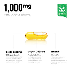 BETTER PLACE ORGANICS Black Seed Oil Capsules label visible highlighting vegan non-GMO formula.