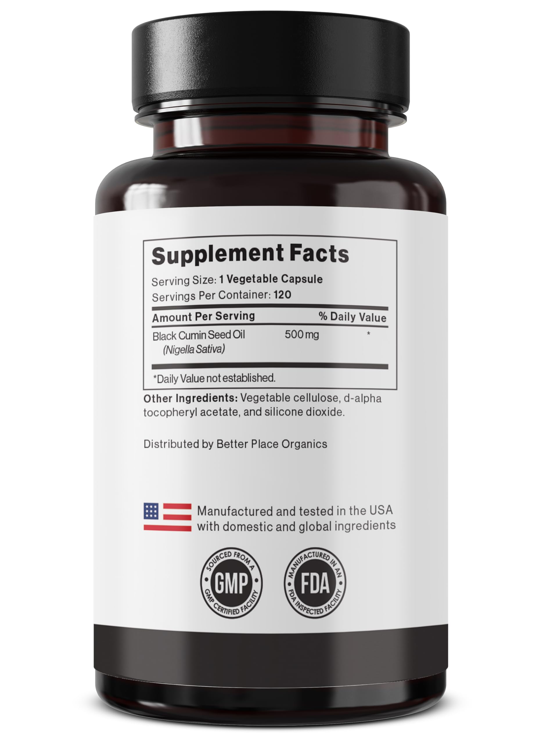 BETTER PLACE ORGANICS Black Seed Oil Capsules on shelf signaling premium quality.