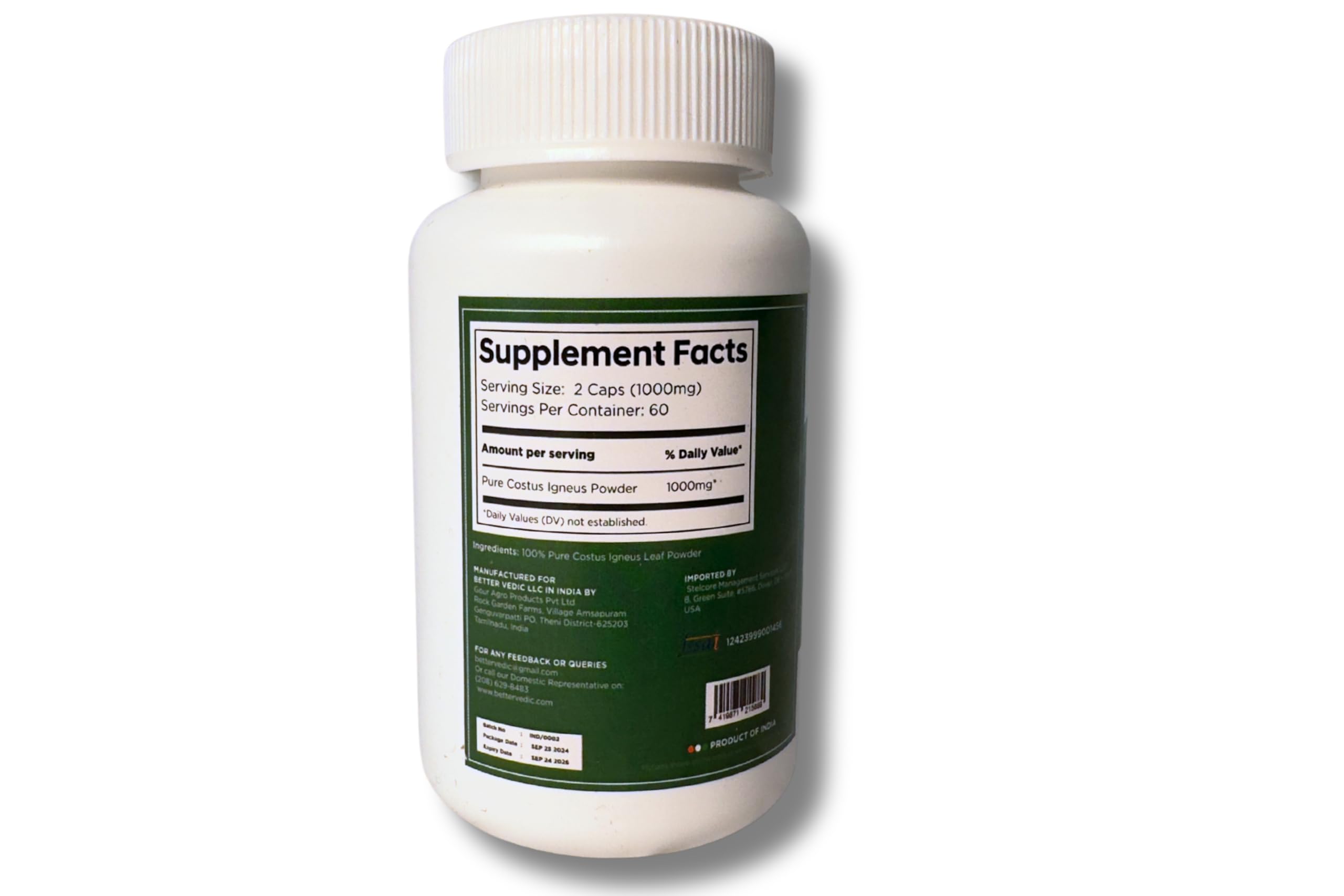 Better Vedic Costus Leaf capsules close-up for vegan daily use