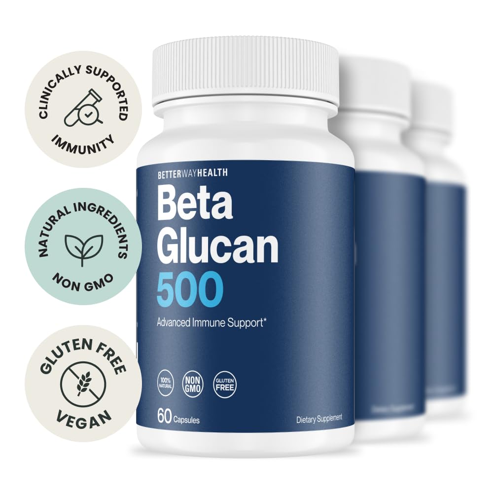 Better Way Health Beta Glucan 500 capsules close-up showcasing pure formula.