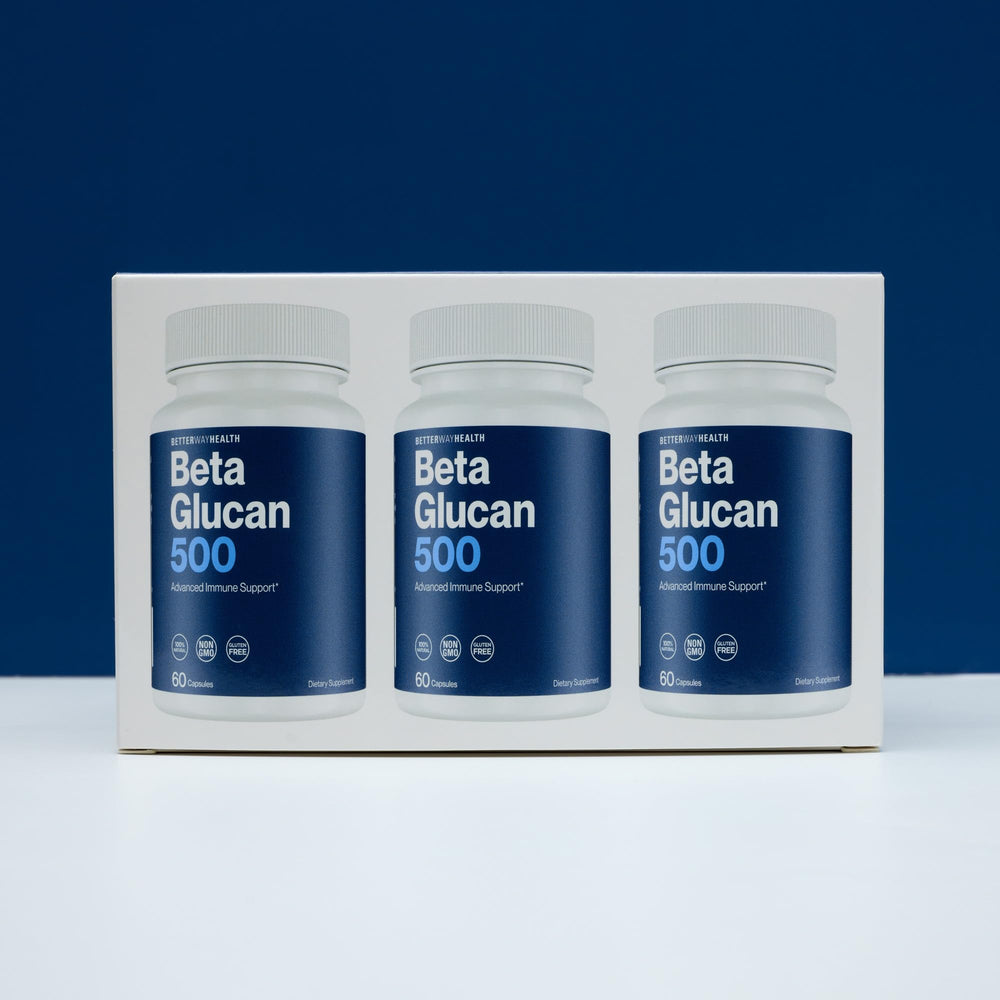 Better Way Health Beta Glucan 500 capsules lined in a row.