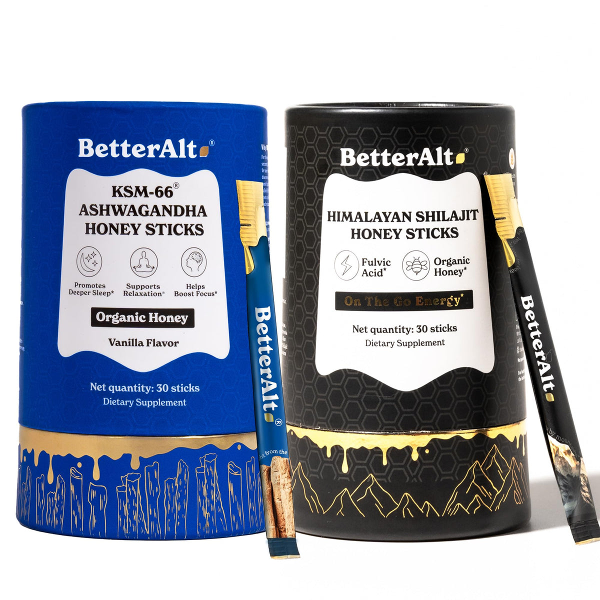 Better Alt Ashwagandha Honey Stick close-up highlighting natural energy support.