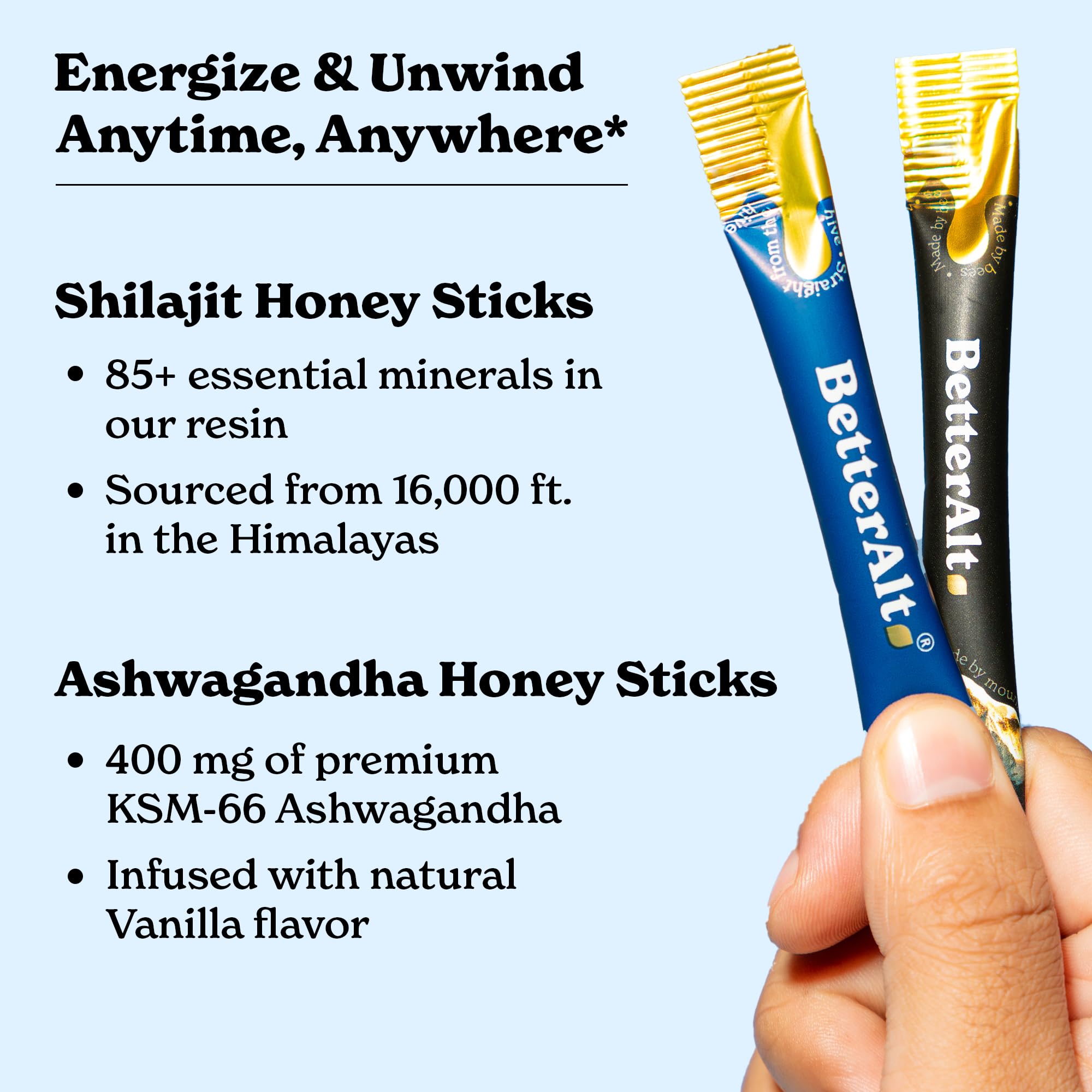 Better Alt Honey Sticks pack on wood signaling immune support.