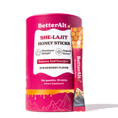 BetterAlt SHE-Lajit strawberry honeysticks packaging for convenient daily wellness on the go