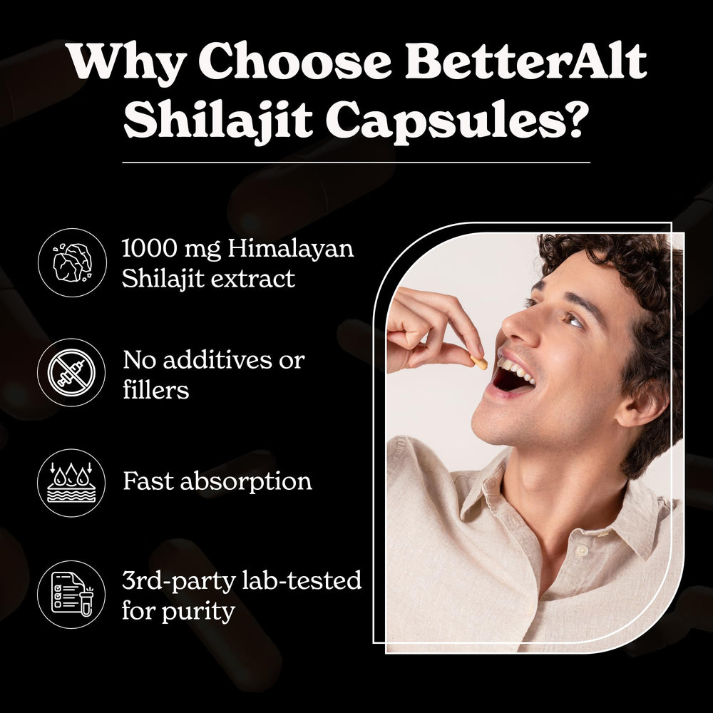 Better Alt Shilajit capsules on a table suggesting easy daily wellness.
