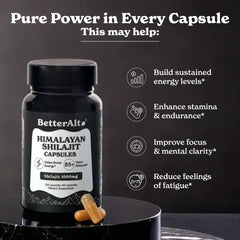 Better Alt Shilajit capsules label purity seal communicates lab-tested quality.
