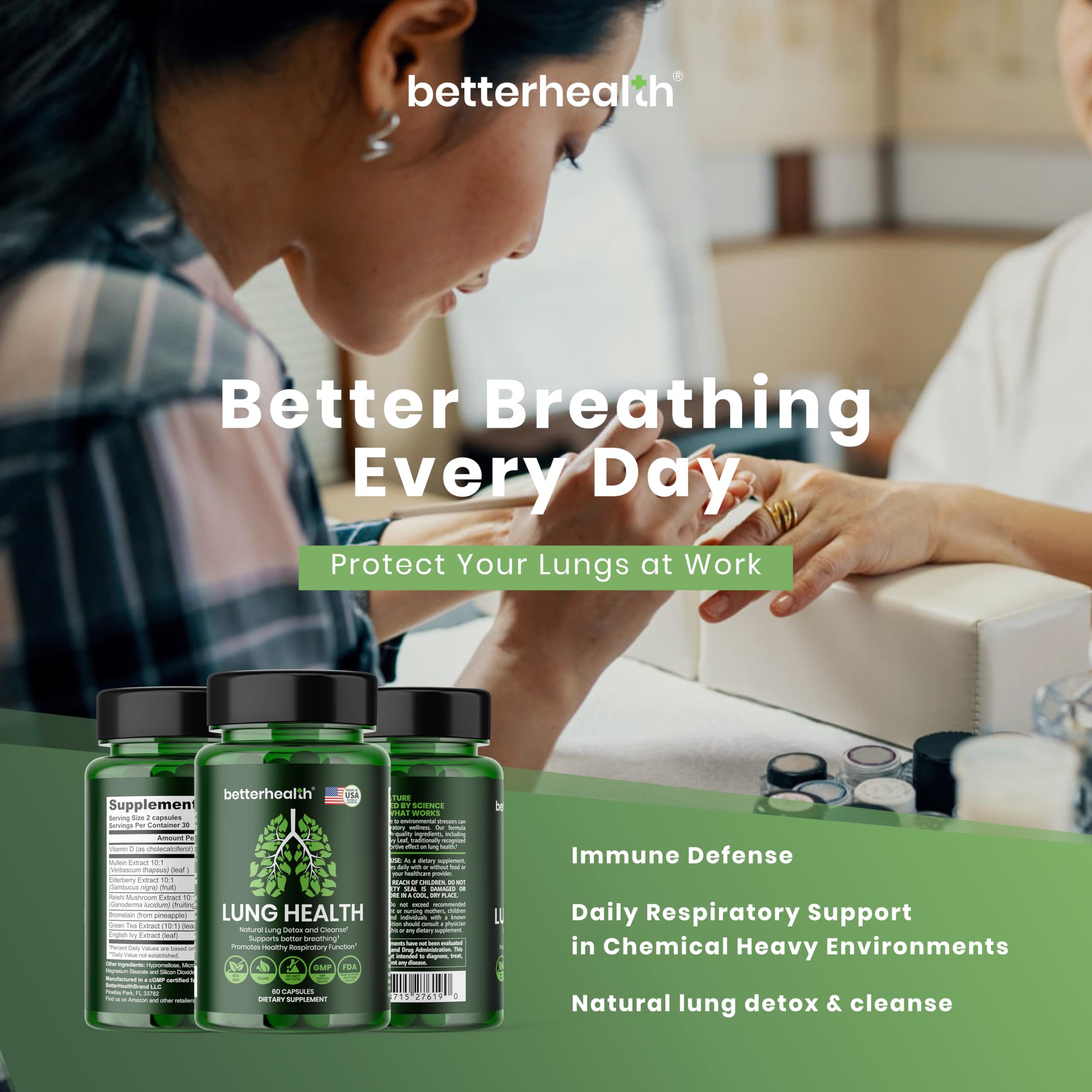 BetterHealth Lung Health Daily bottle back label detailing dosage and ingredients