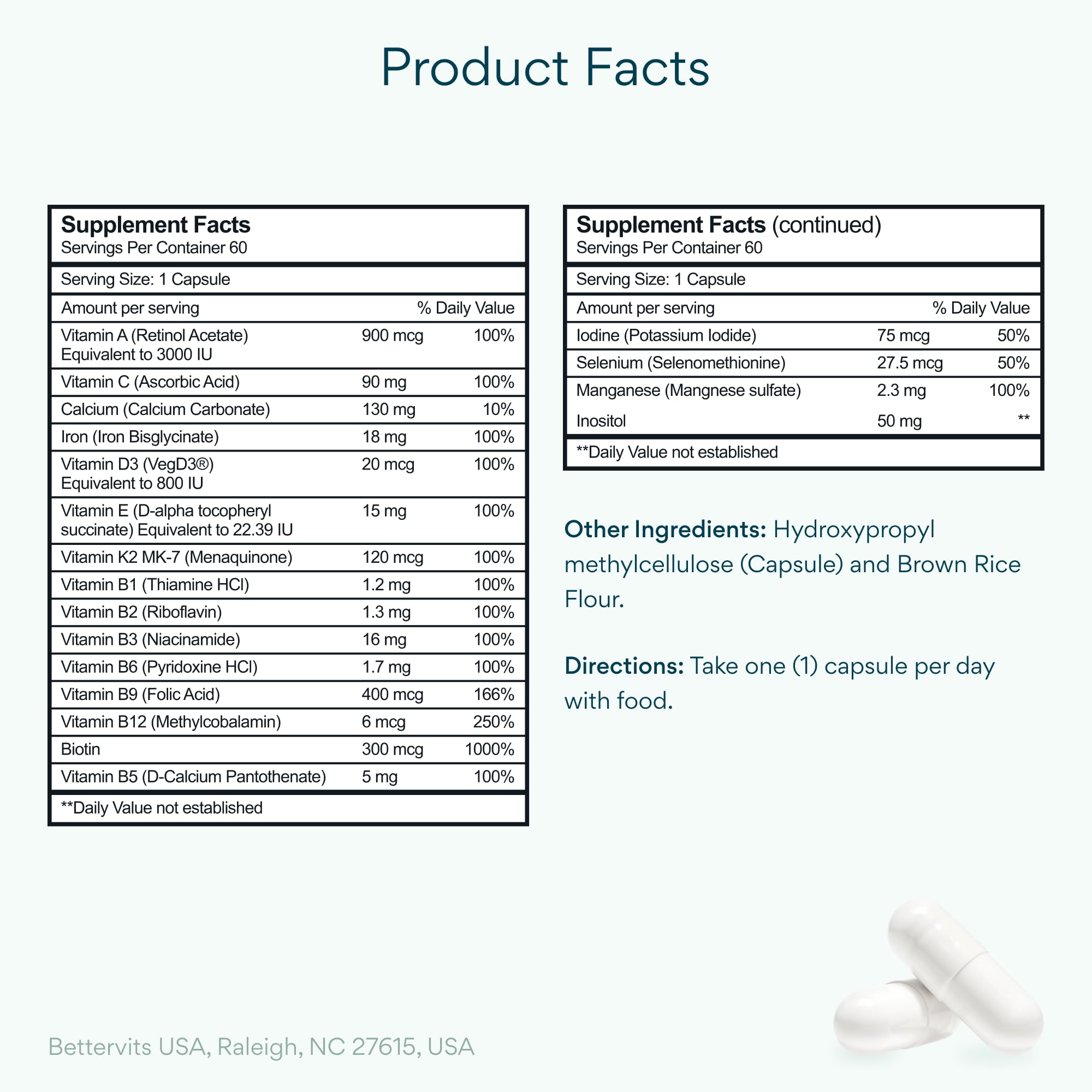 Bettervits Multivitamin bottle side label highlights 13 essential vitamins for balanced nutrition.