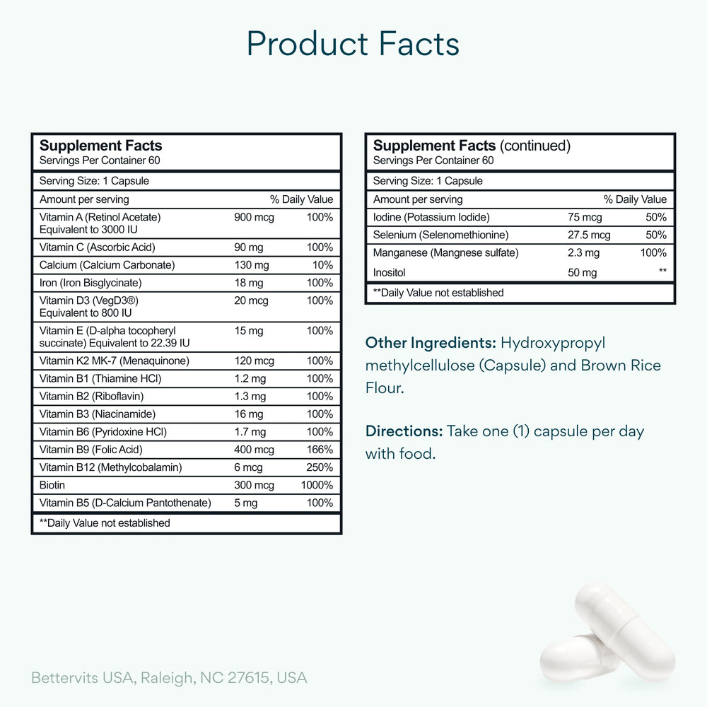 Bettervits Multivitamin bottle side label highlights 13 essential vitamins for balanced nutrition.