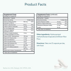 Bettervits Multivitamin bottle side label highlights 13 essential vitamins for balanced nutrition.
