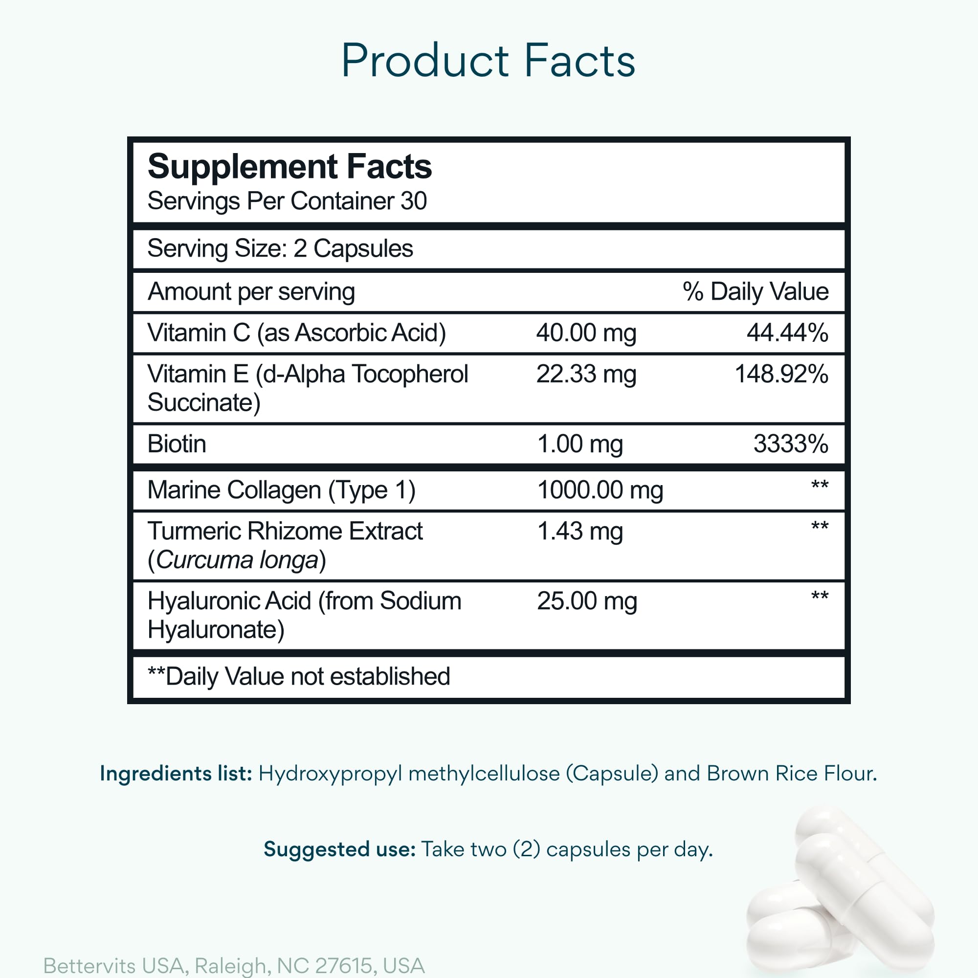 Bettervits Collagen Peptides Complex capsules close-up highlighting hair and nail strength.