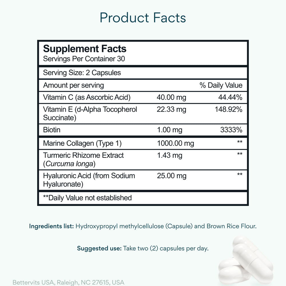 Bettervits Collagen Peptides Complex capsules close-up highlighting hair and nail strength.