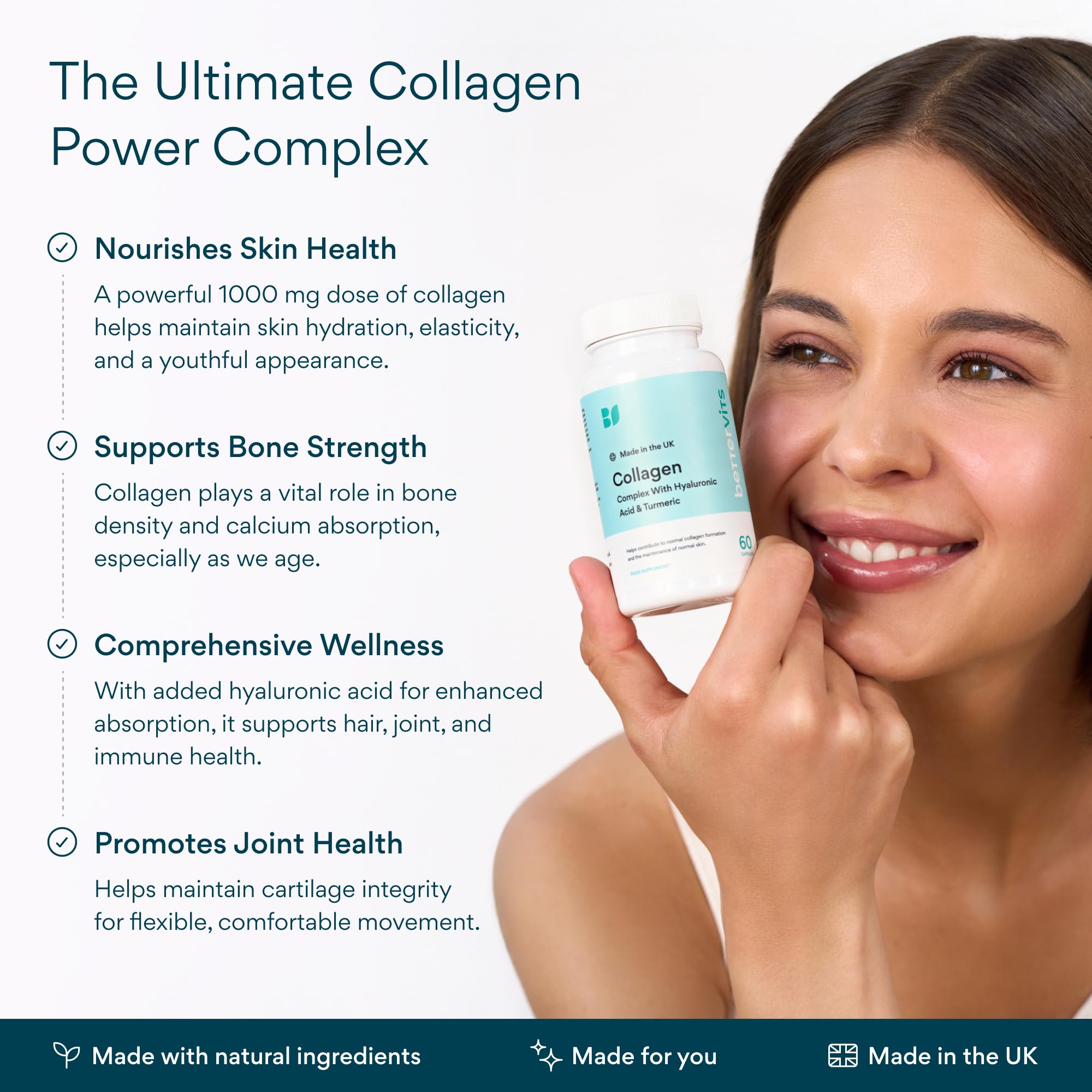 Bettervits Collagen Peptides Complex label front emphasizes marine collagen and vitamin C.