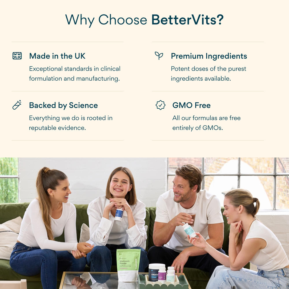 Bettervits label closeup highlights ingredients and quality promise