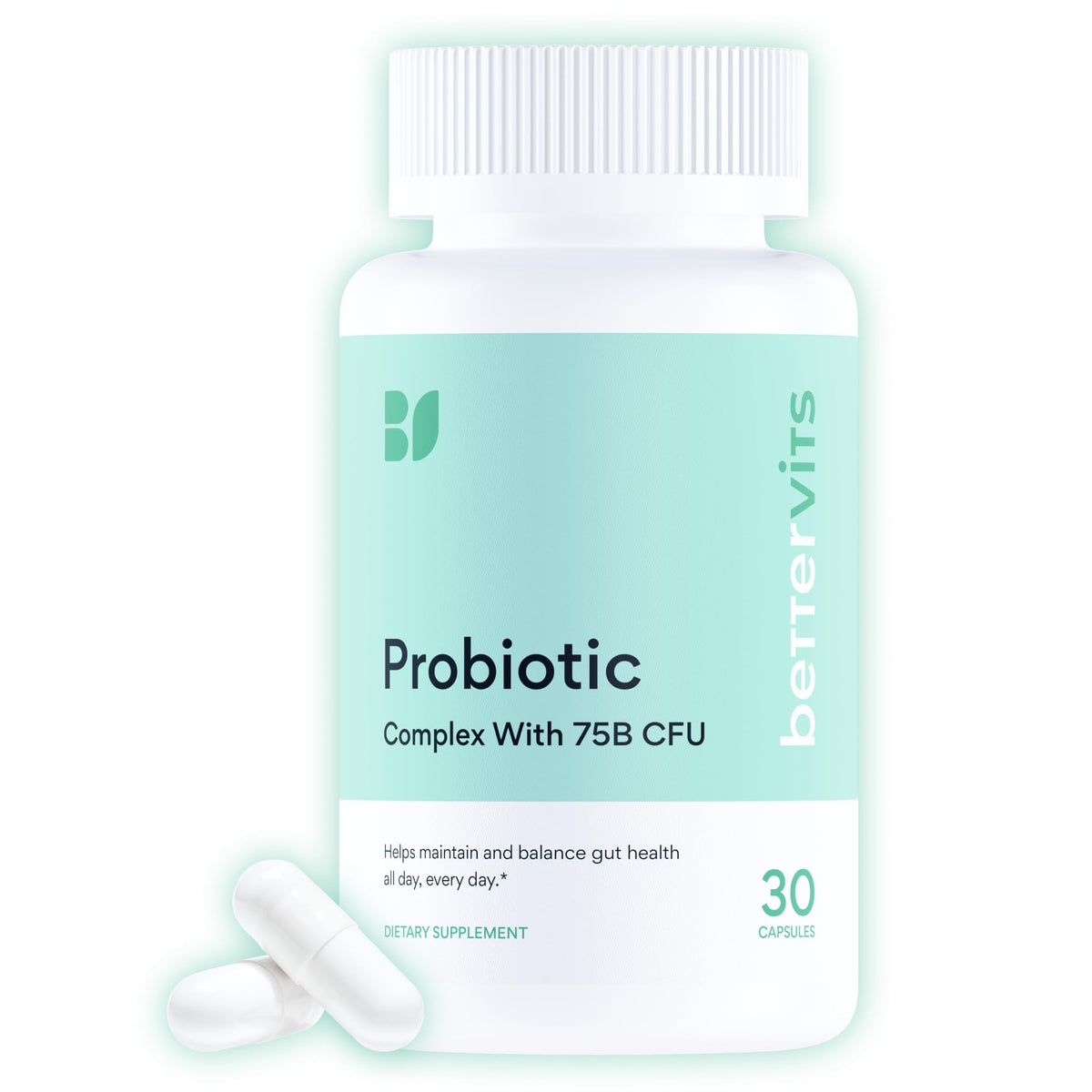 Bettervits Probiotics bottle daily-use promotes gut balance and convenience.