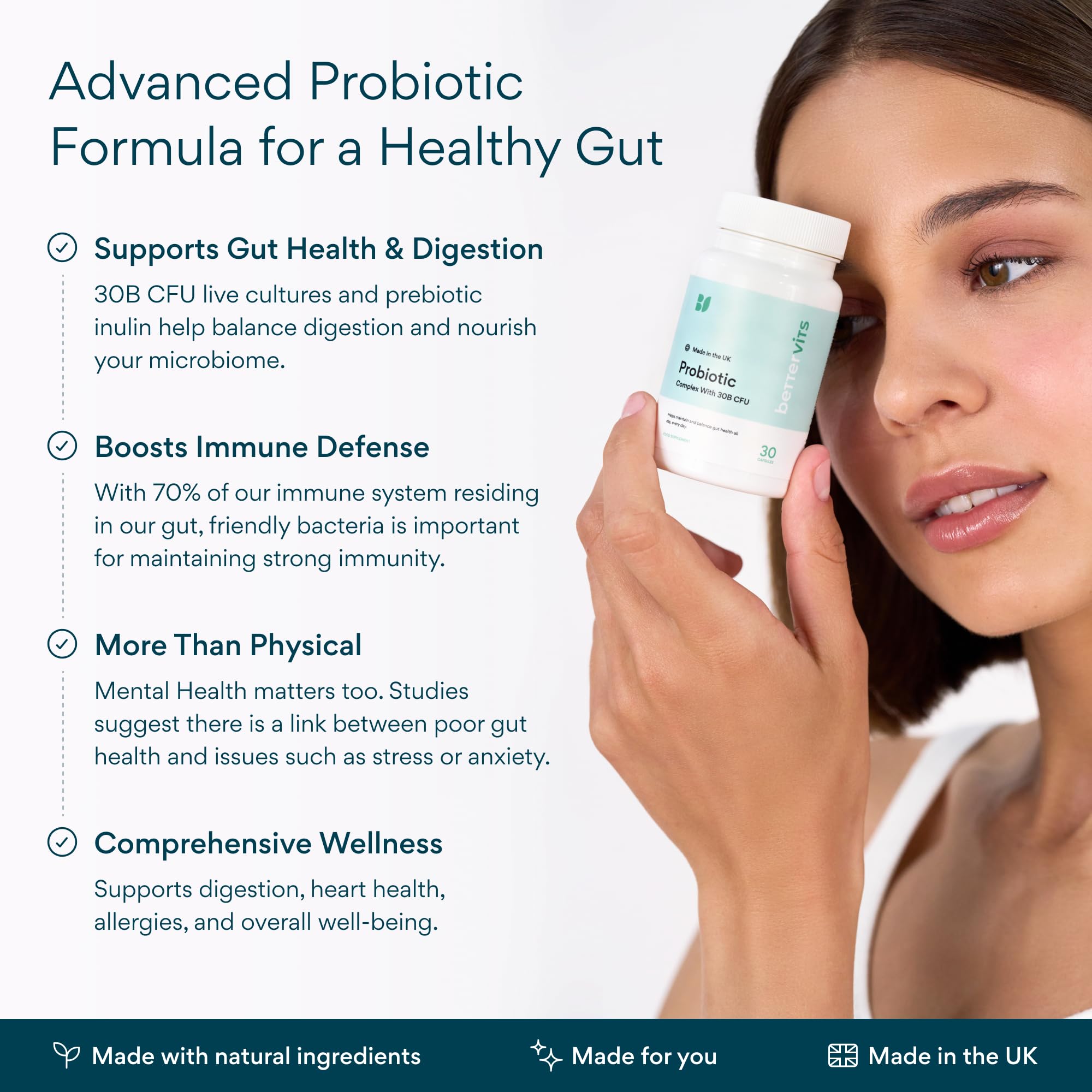 Bettervits Probiotics bottle on counter for easy daily routine.