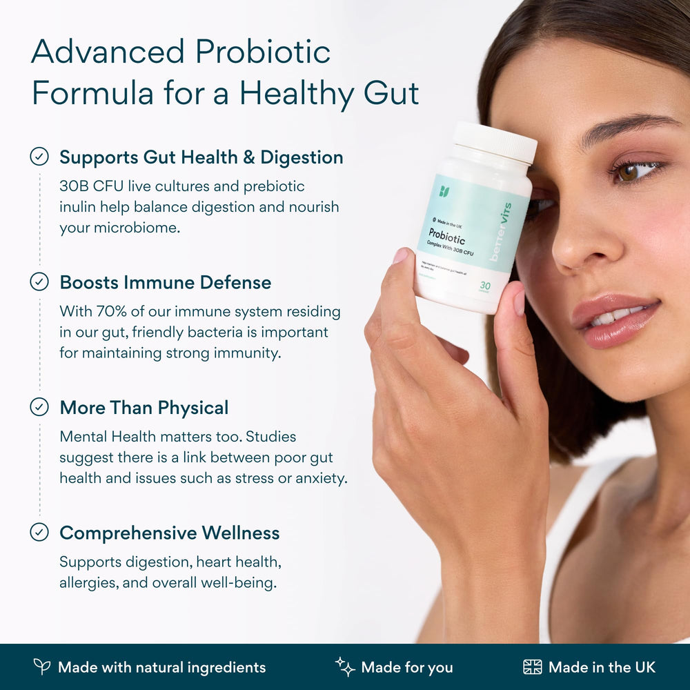 Bettervits Probiotics bottle on counter for easy daily routine.