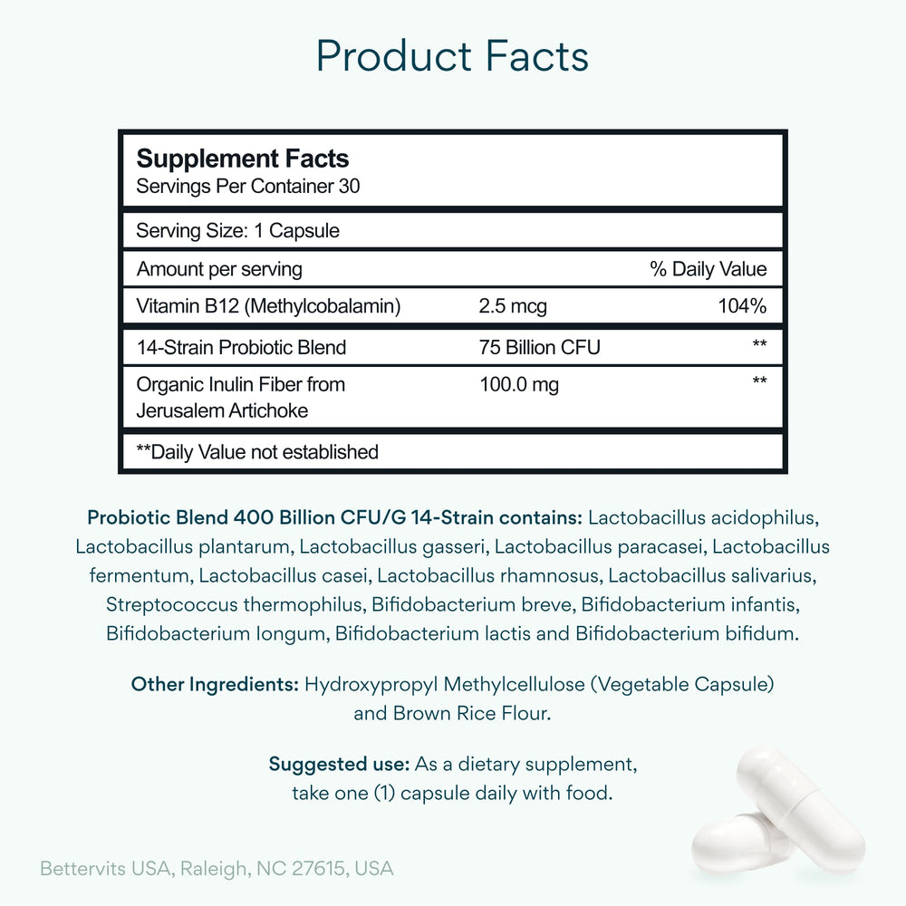 Bettervits Probiotics capsules closeup showing high potency for gut health.