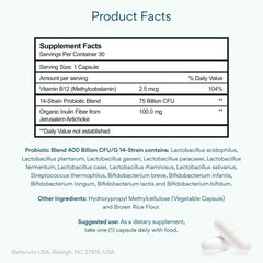 Bettervits Probiotics capsules closeup showing high potency for gut health.