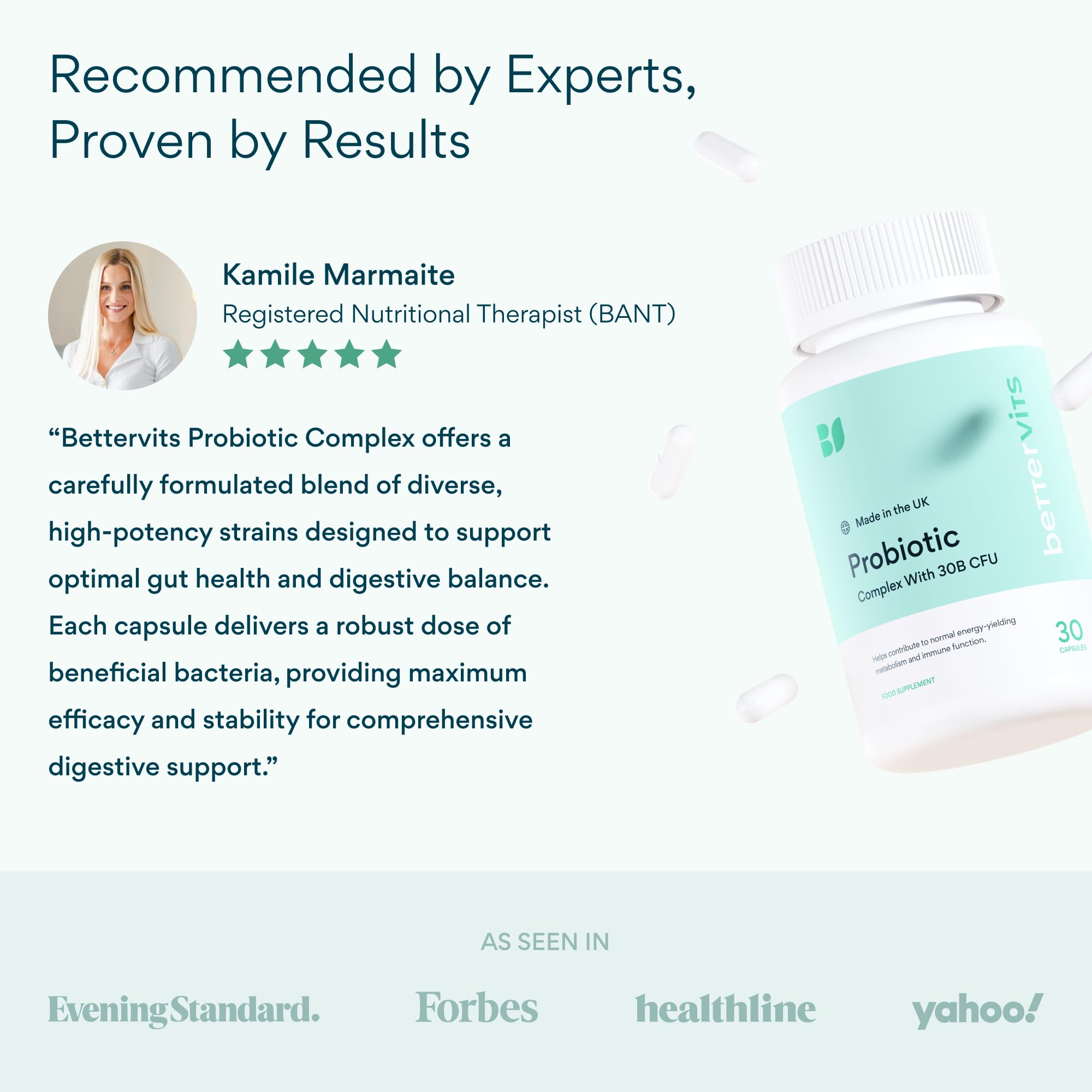 Bettervits Probiotics imagery conveys immune support and daily energy benefits.